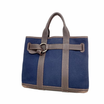 ★SALE【6ie6835】エルメス トートバッグ プティットサンチュールPM トワルアッシュ ネイビー ブラウン シルバー金具 □J刻印【中古】レディース
