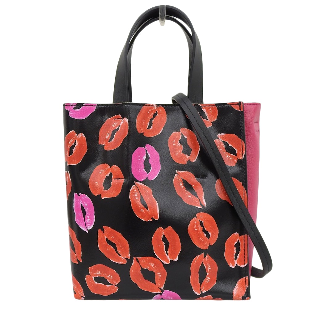 マルニ 未使用 MUSEO SOFT MINI ミュゼオ ソフト リップ柄 2wayトートバッグ ショルダー レディース ピンク×ブラック SHMP0040Q4