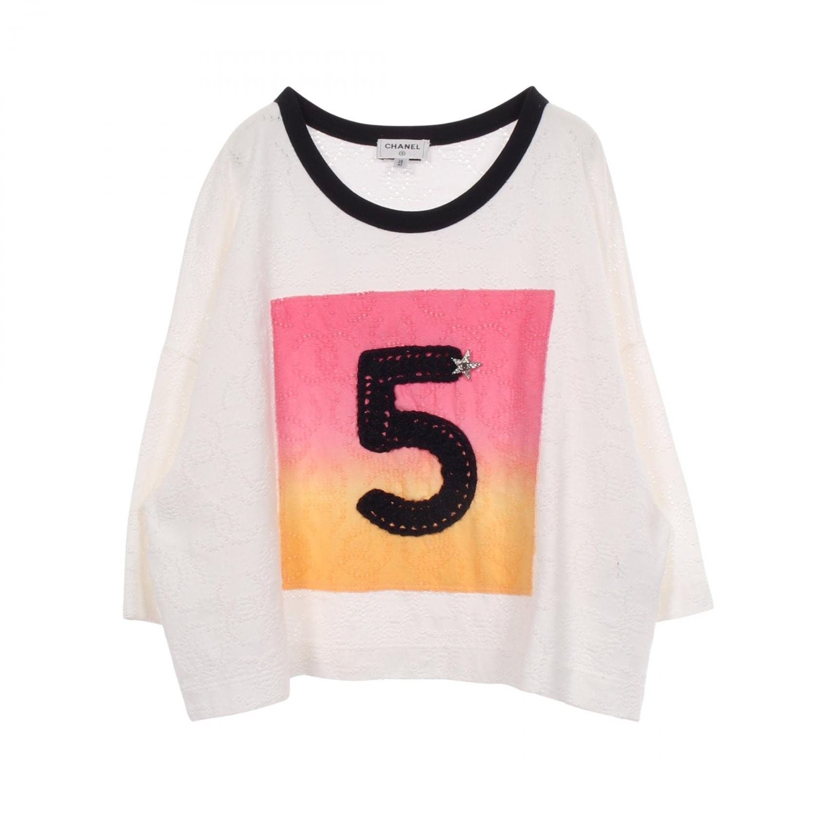 シャネル CHANEL 2024クルーズ No.5 ココマーク クロップド丈 半袖Tシャツ 衣料品 トップス コットン レディース ホワイト系 / ネイビー系 / マルチカラー P76438K11016 【中古】