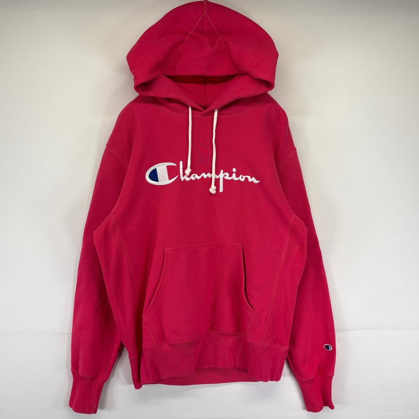 古着 チャンピオン Champion パーカー リバースウィーブ ビッグロゴ刺繍 プルオーバー  スウェット L  ピンク メンズ