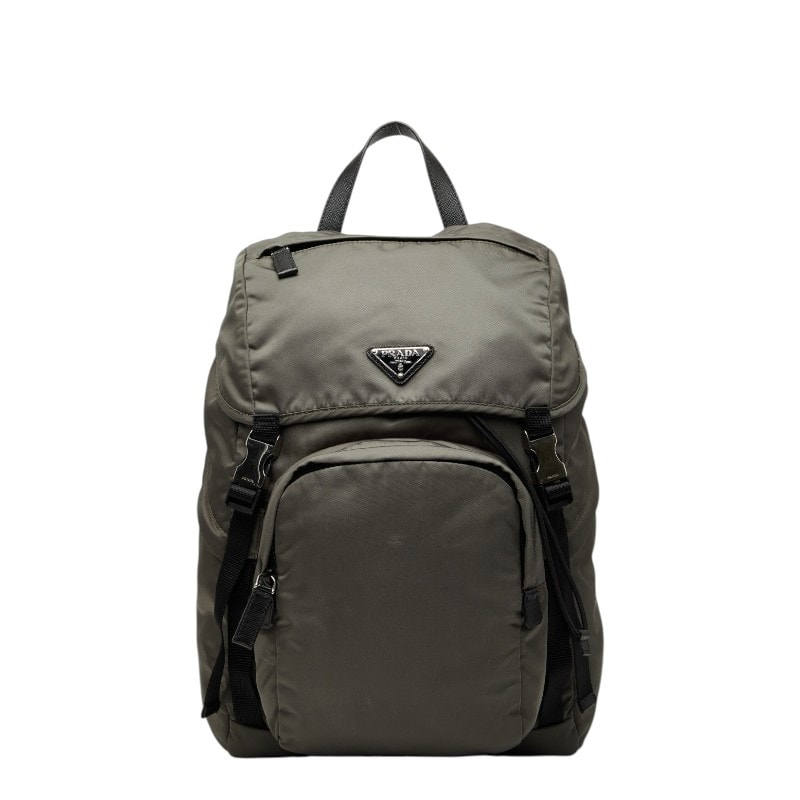 プラダ 三角ロゴプレート リュック バックパック 2VZ135 カーキ グリーン ナイロン レザー レディース PRADA 【中古】