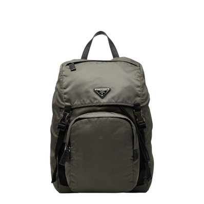 プラダ 三角ロゴプレート リュック バックパック 2VZ135 カーキ グリーン ナイロン レザー レディース PRADA 【中古】