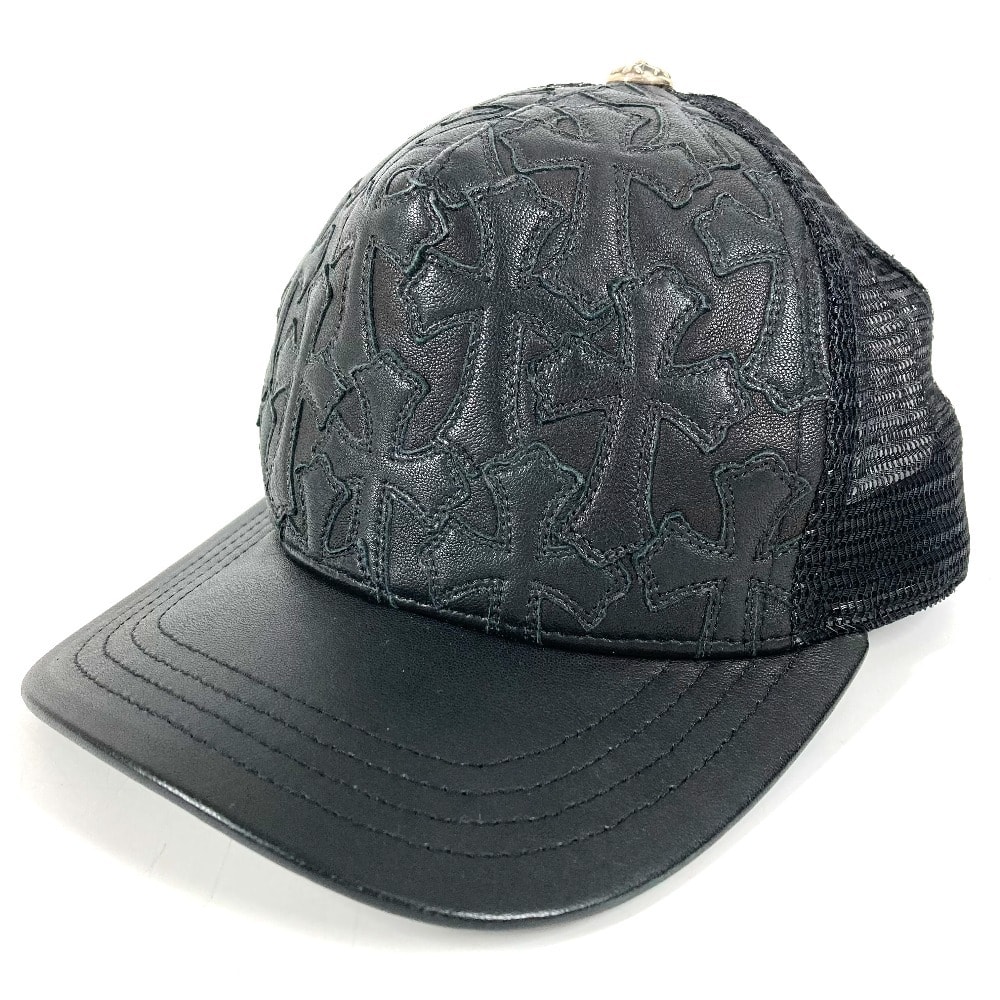 クロムハーツ CHROME HEARTS セメタリークロス レザーパッチ 革 Cemetary Cross Leather Patch Trucker Cap 帽子 キャップ帽 ベースボール メッシュ キャップ レザー ブラック 美品