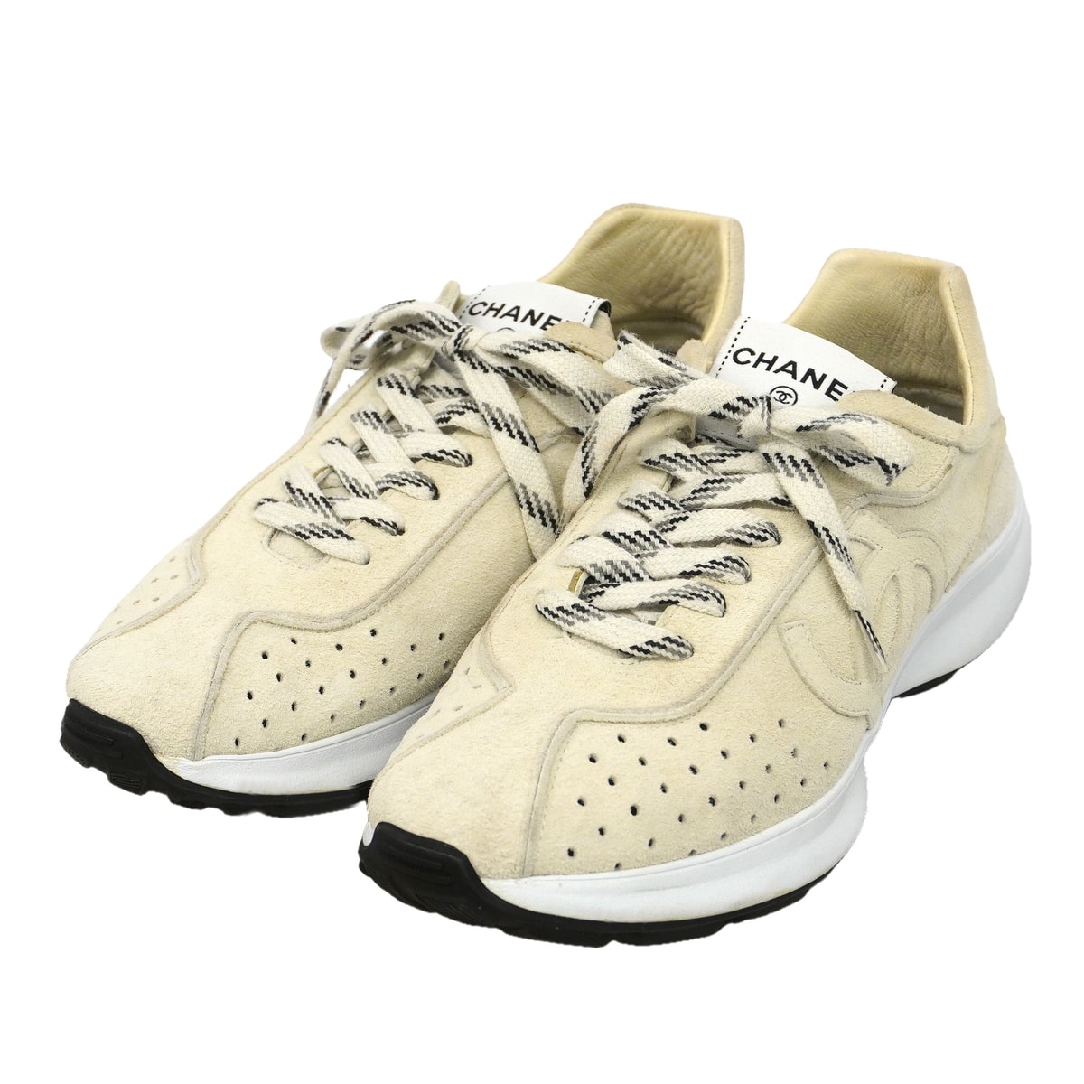 【6aph049】シャネル スニーカー 38 スウェード ホワイト ローカット【中古】レディース