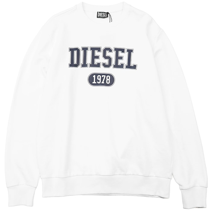 SALE【新品同様】DIESEL ディーゼル スウェットシャツ サイズ L メンズ カレッジロゴ プリント ストレッチ プルオーバー クルーネック ロングスリーブ 長袖 トップス ホワイト ネイビー 白 紺 バングラデシュ製