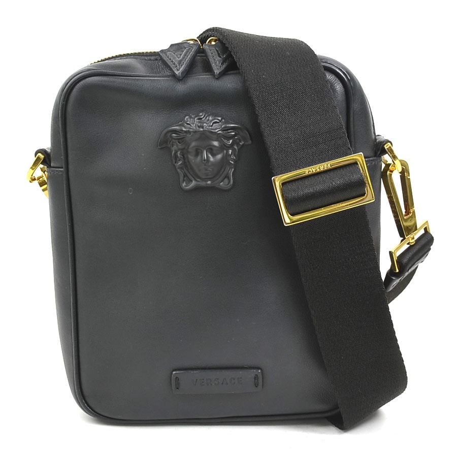 ヴェルサーチ VERSACE 斜め掛けショルダーバッグ メドゥーサ レザー ブラック ゴールド ユニセックス【中古】 e62121k