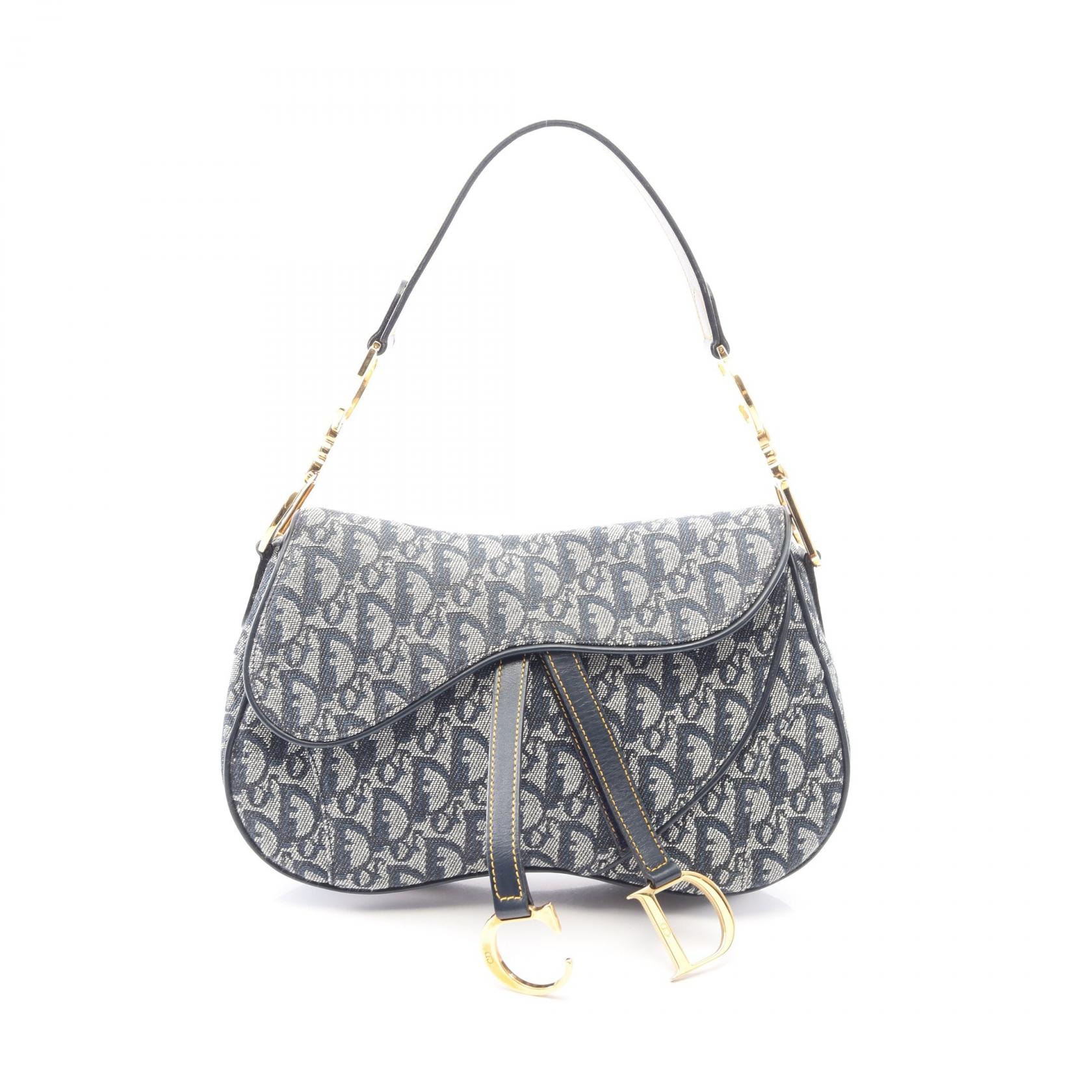 ディオール Dior ダブルサドルバッグ トロッター ハンドバッグ バッグ キャンバス レザー レディース アイボリー系 / ネイビー系 【中古】