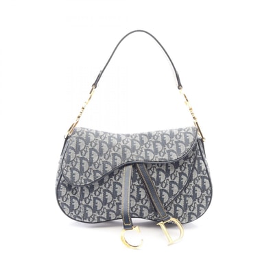 ディオール Dior ダブルサドルバッグ トロッター ハンドバッグ バッグ キャンバス レザー レディース アイボリー系 / ネイビー系 【中古】