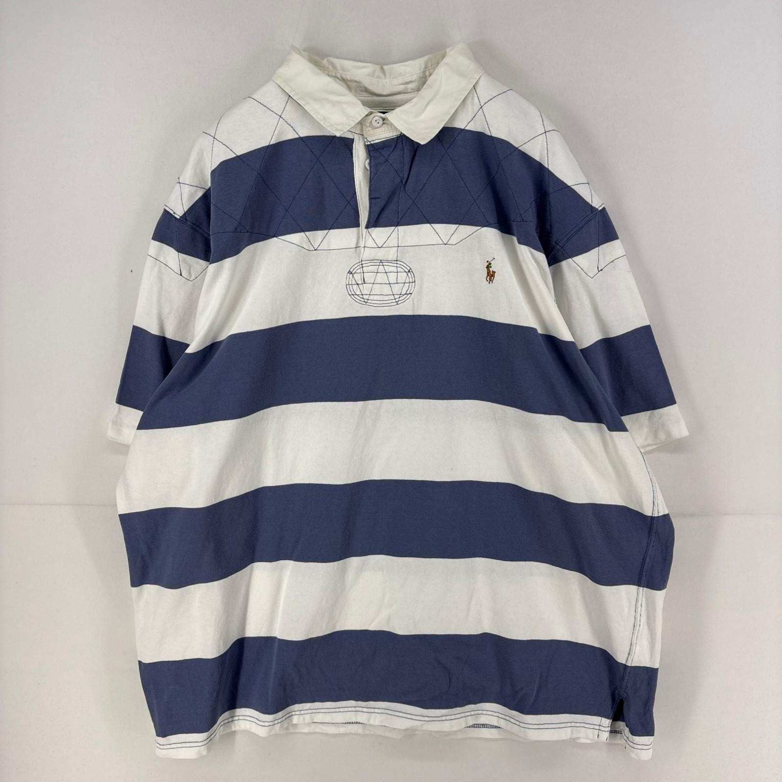 古着 ポロバイラルフローレン Polo by Ralph Lauren 半袖シャツ ワンポイント ラガーシャツ ボーダー ロゴ 刺繍 3XL  ホワイト系 メンズ