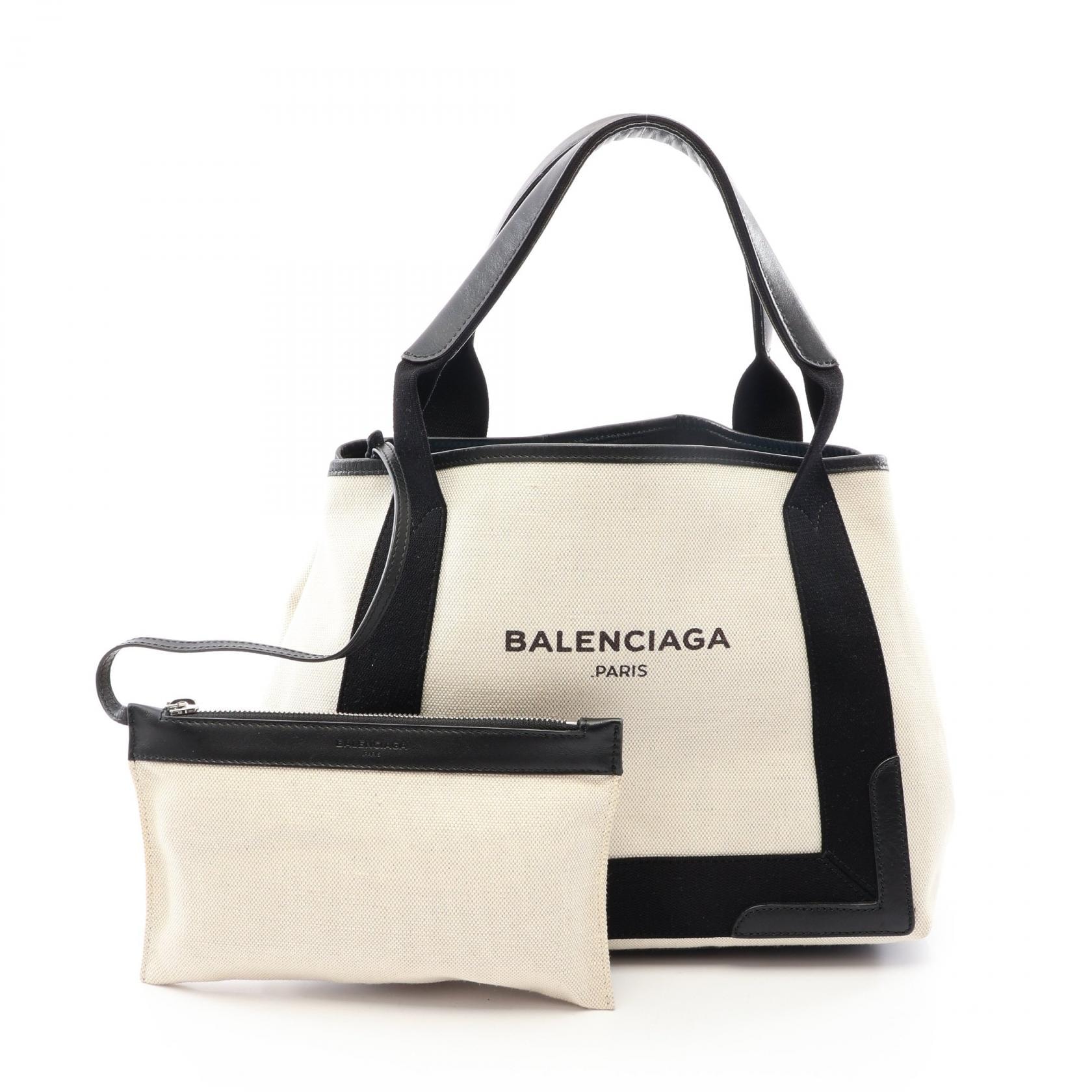 バレンシアガ BALENCIAGA NAVY CABAS S ネイビーカバ トートバッグ バッグ キャンバス レザー レディース アイボリー系 / ブラック系 339933 【中古】