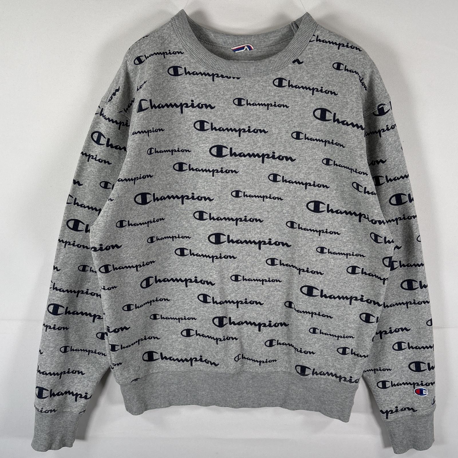 古着 チャンピオン Champion スウェット トレーナー クルーネック ロゴプリント 総柄 プルオーバー  M  グレー メンズ