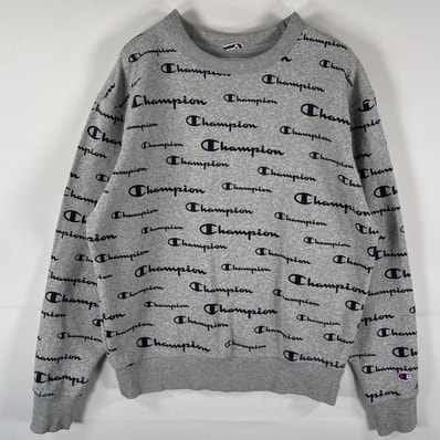 古着 チャンピオン Champion スウェット トレーナー クルーネック ロゴプリント 総柄 プルオーバー M グレー メンズ
