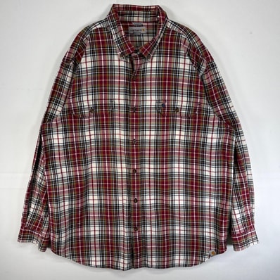 古着 カーハート Carhartt 長袖シャツ ロゴ 刺繍 大きいサイズ フラップポケ XL レッド系 マルチカラー メンズ