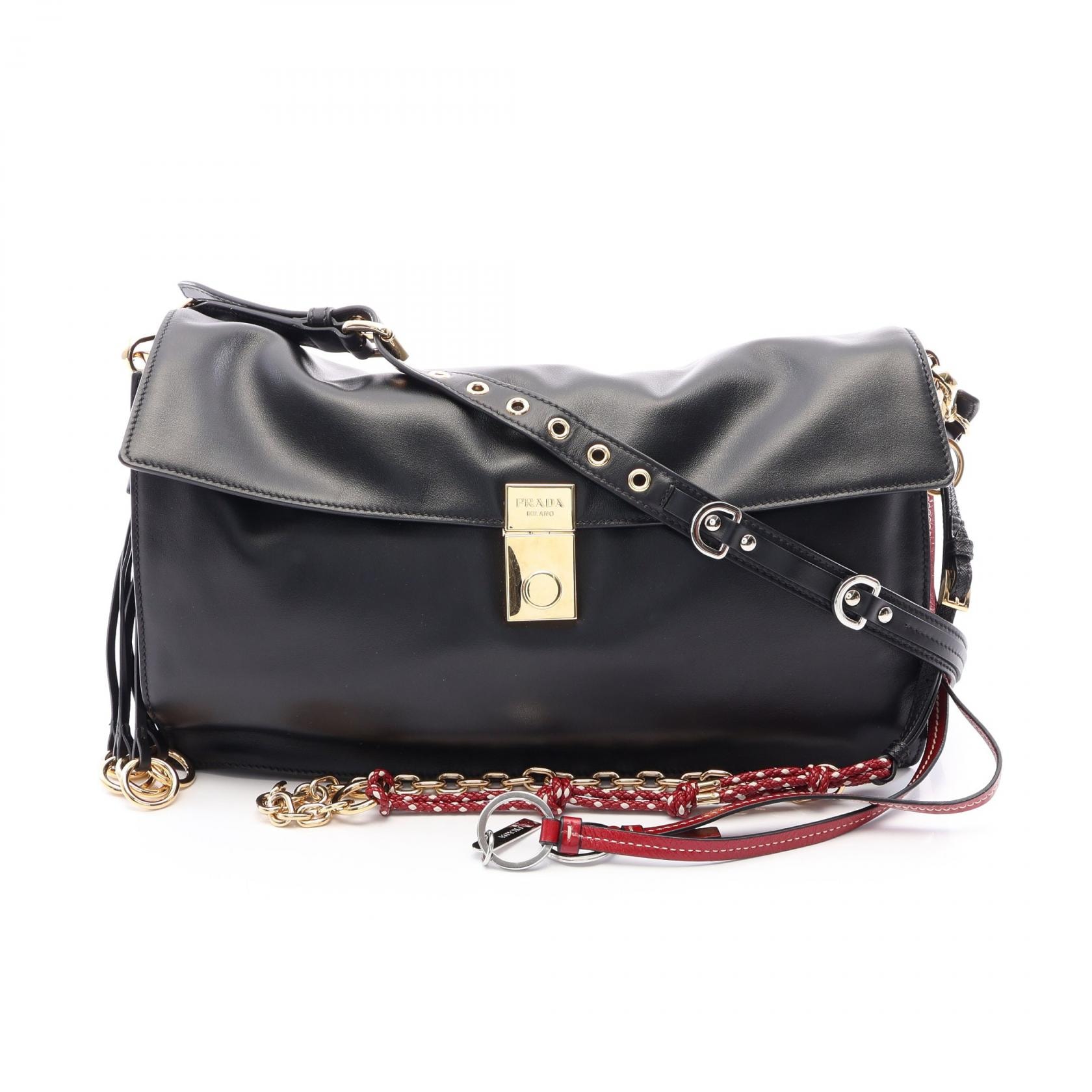 プラダ PRADA ソフトサウンド ラージ ショルダーバッグ バッグ レザー レディース ブラック系 1BD378 【中古】
