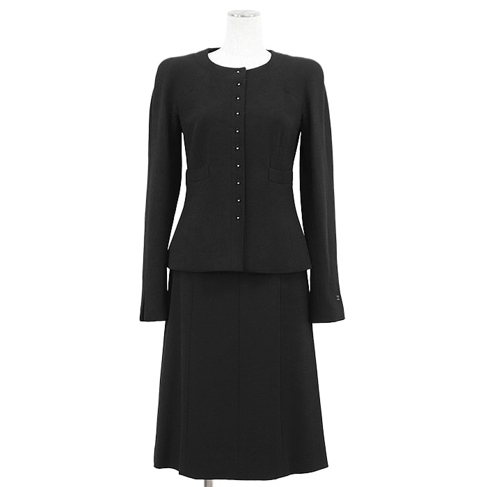 美品 シャネル ジャケット ノーカラー スカート セットアップ レディース ブラック 38 CHANEL