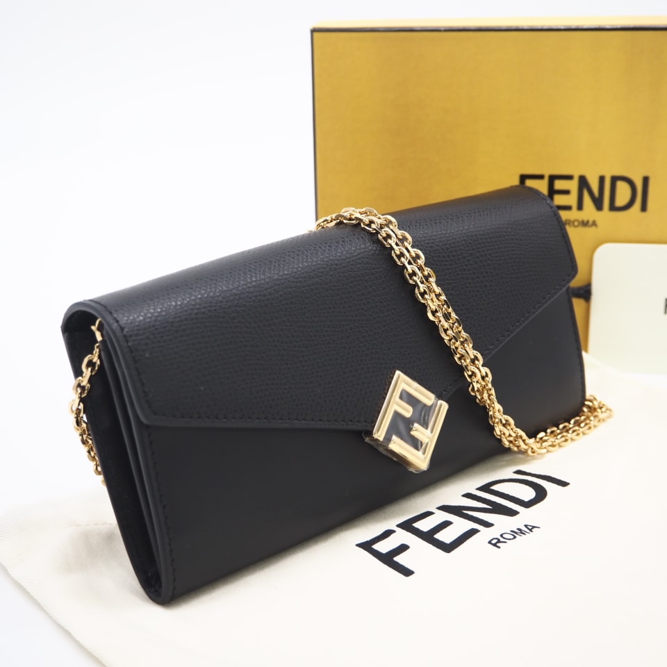 未使用 FENDI フェンディ FFダイヤモンド チェーン付き 長財布 8M0365 ショルダーバッグ ブラック ゴールド レザー レディース