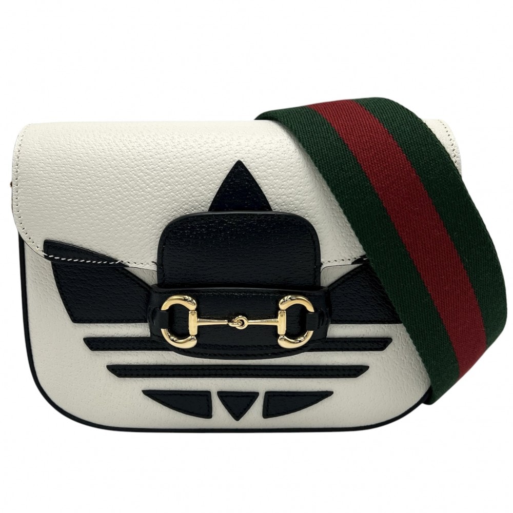 GUCCI グッチ 2WAY アディダスコラボ ホースビット1995 ハンドバッグ ショルダーバッグ 肩掛け 斜め掛け adidas シェリーライン 658574 レザー ホワイト 白 ブラック 黒 ゴールド金具 レディース 美品【中古品】