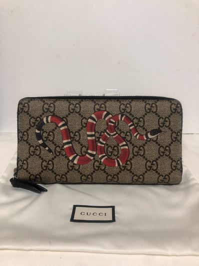 GUCCI Kingsnake Print GG Supreme Zip Around Wallet "Beige/Ebony"