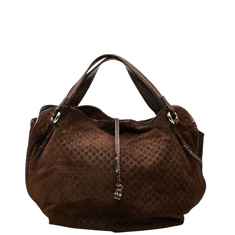 セリーヌ マカダム クロコ型押し トートバッグ ブラウン レザー スウェード レディース CELINE 【中古】