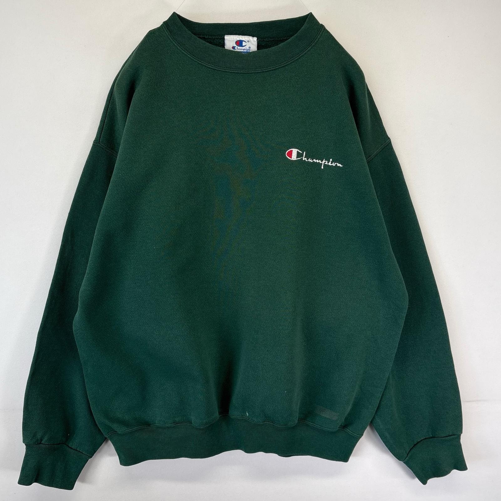 古着 90's/90年代 チャンピオン Champion USA製 スウェット トレーナー ワンポイントロゴ刺繍 大きいサイズ クルーネック XL  グリーン メンズ