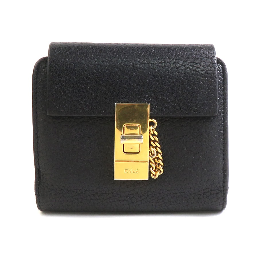 クロエ Chloe 二つ折り財布 ドリュー レザー ブラック ゴールド レディース【中古】 e61421a