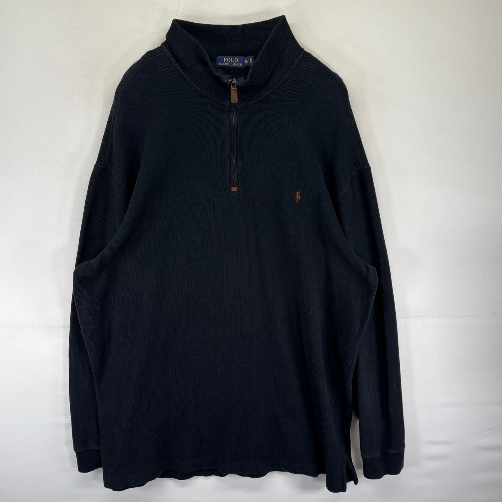 古着 ポロ・ラルフローレン POLO RALPH LAUREN ニット ハーフジップ ワンポイントロゴ刺繍 トレーナー 2XLT  ブラック系 メンズ
