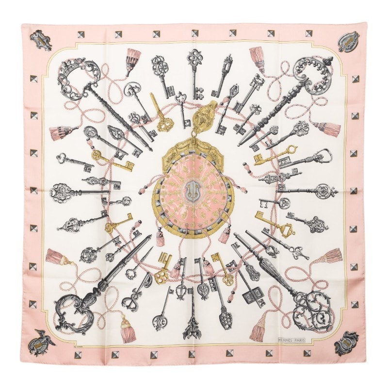 エルメス カレ90 LES CLES 鍵 スカーフ 大判 ピンク系 ホワイト シルク レディース HERMES 【中古】
