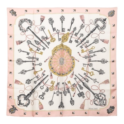 エルメス カレ90 LES CLES 鍵 スカーフ 大判 ピンク系 ホワイト シルク レディース HERMES 【中古】