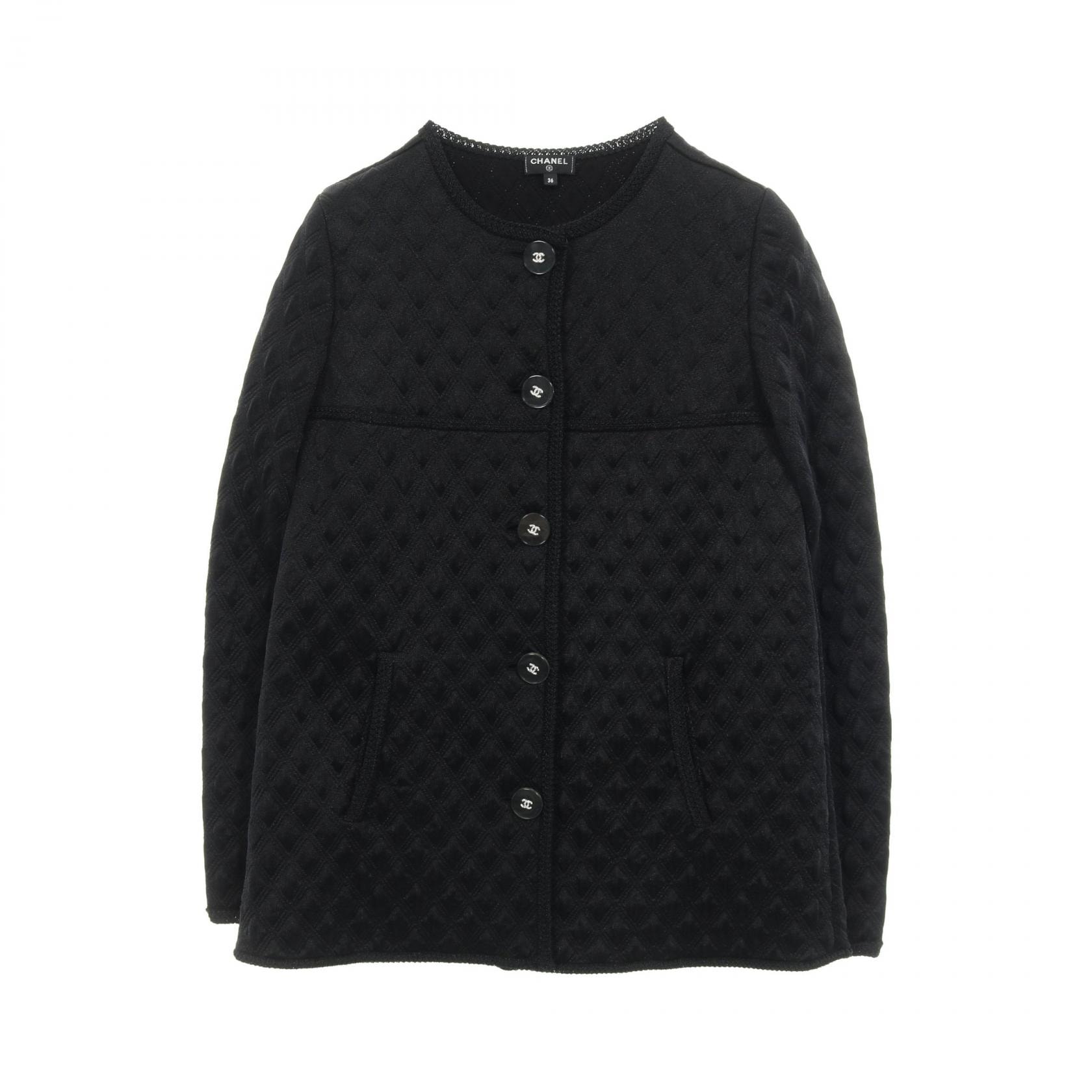 シャネル CHANEL ココマークボタン キルティングカーディガン ノーカラージャケット 衣料品 アウター シルク ポリエステル レディース ブラック系 P57087K07441 【中古】