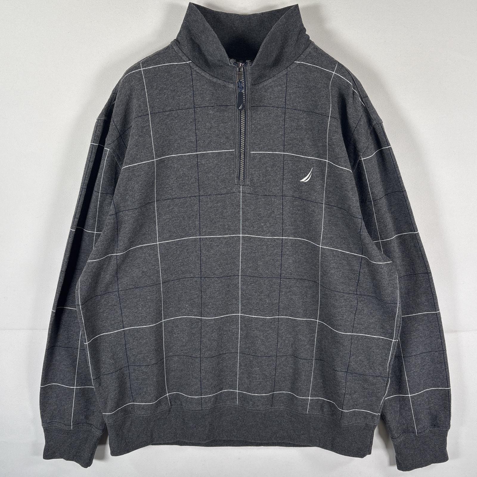 古着 ノーティカ NAUTICA スウェット トレーナー ハーフジップ プルオーバー  大きいサイズ ワンポイントロゴ刺繍 チェック XL  ダークグレー メンズ