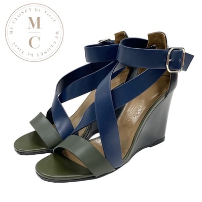 エルメス HERMES サンダル 靴 シューズ レザー ネイビー カーキ ブラック ウェッジソール