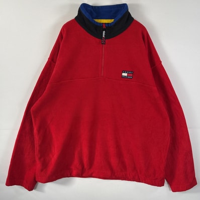 古着 90's/90年代 トミーヒルフィガー TOMMY HILFIGER フリースジャケット ハーフジップ 大きいサイズ ワンポイント XL レッド メンズ