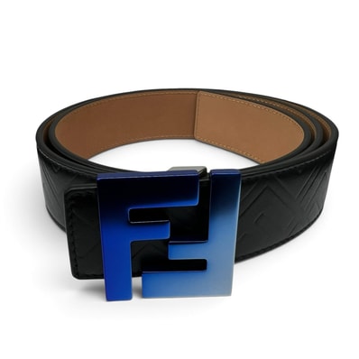 FENDI 希少 極美品 フェンディ ズッカ FFロゴ ベルト ブルーグラデーション金具 レザー ブラック #90/36 Aランク 中古 鑑定済 フェンディベルト