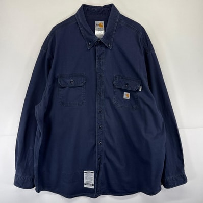 古着 カーハート Carhartt 長袖シャツ ワーク 大きいサイズ ワンポイントロゴ 刺繍 胸ポケット 3XL ネイビー系 メンズ