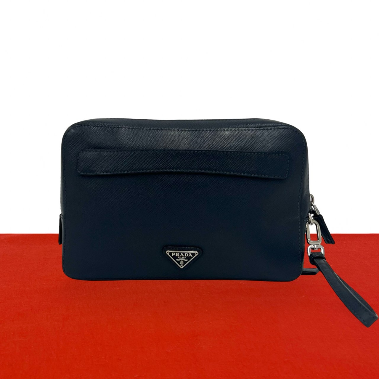 PRADA プラダ 三角ロゴ 金具 レザー クラッチバッグ ネイビー
 07721