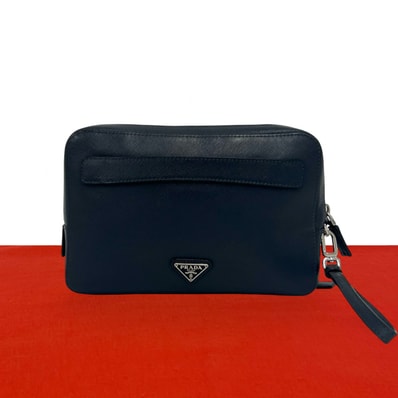PRADA プラダ 三角ロゴ 金具 レザー クラッチバッグ ネイビー
07721
