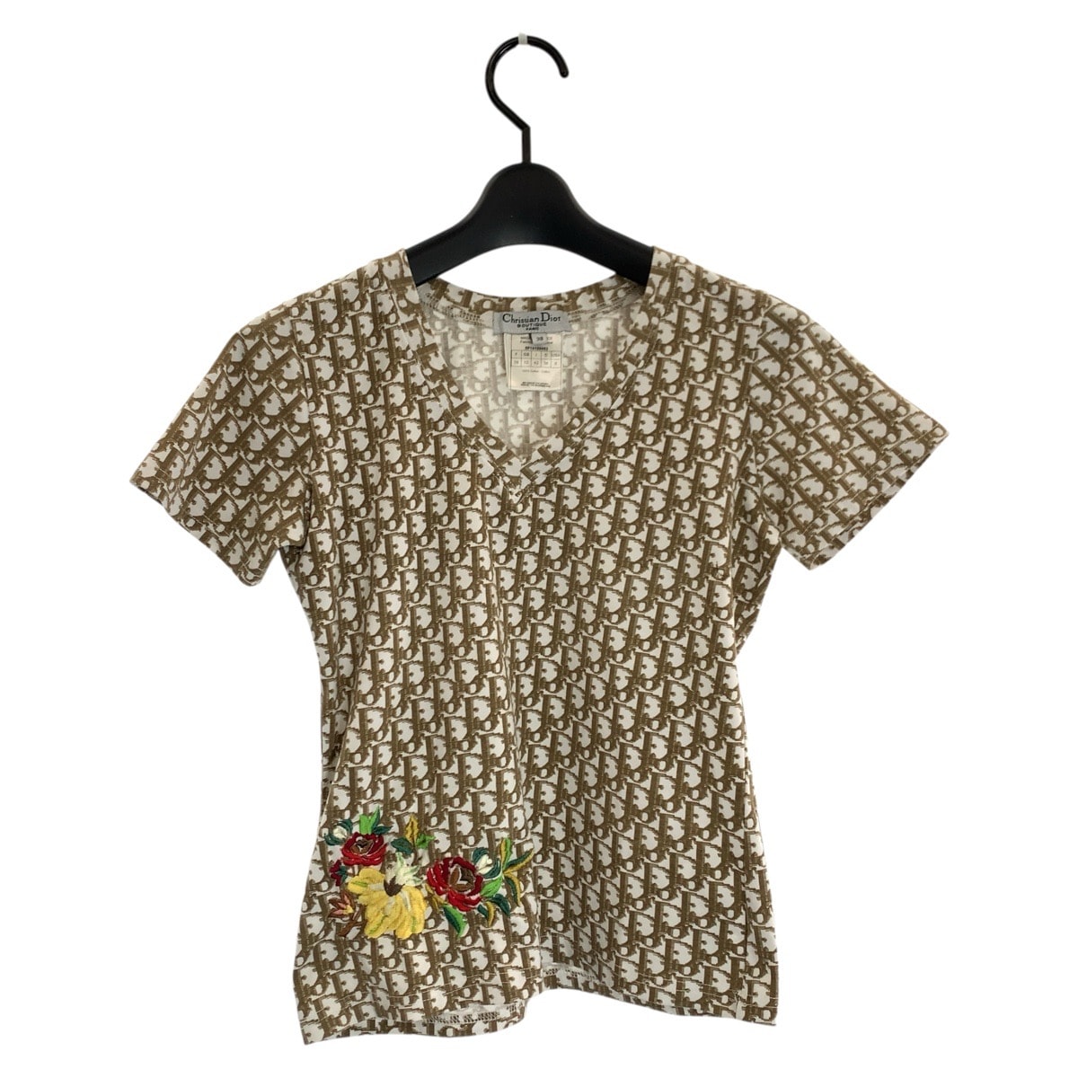 美品 Christian Dior クリスチャンディオール トロッター フラワー サイズ38 ベージュ コットン 半袖Tシャツ VネックTシャツ 602061 【中古】