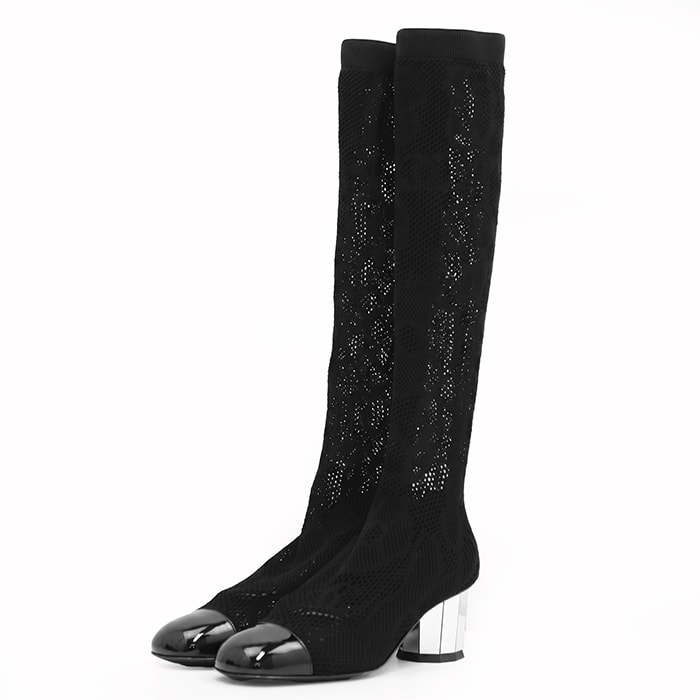 【未使用】CHANEL シャネル ロングブーツ サイズ 35 1/2 レディース カメリア COCOマーク ソックスドッキング パンプス シューズ 靴 箱/袋付属 ブラック 黒 イタリア製