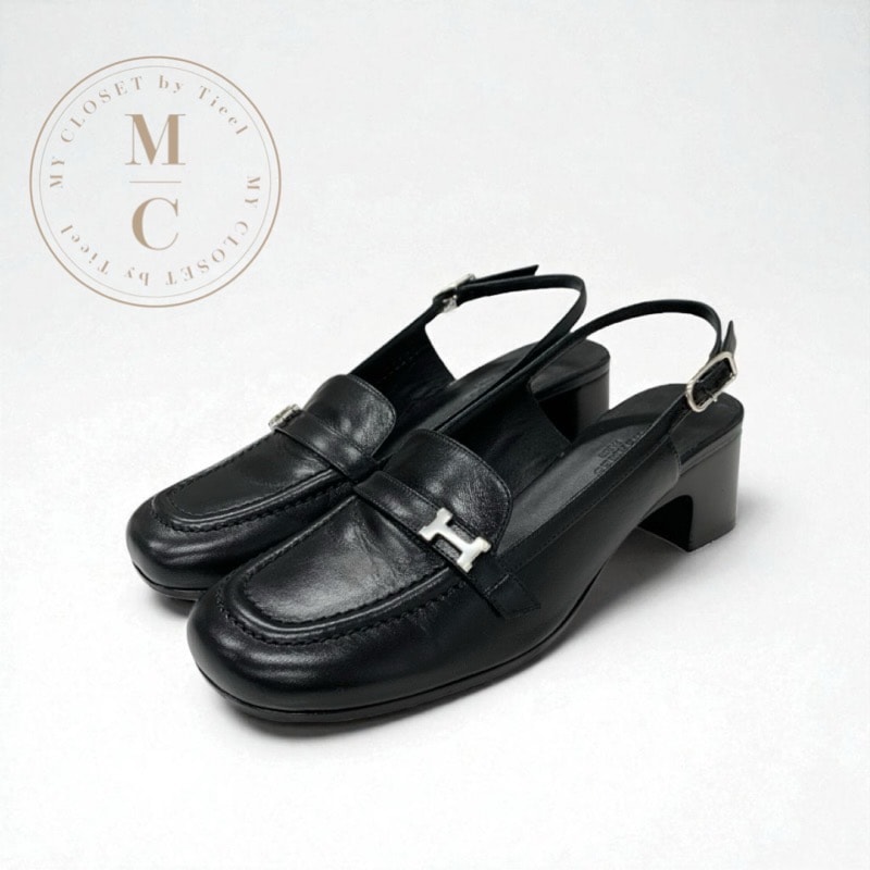 エルメス HERMES アンフィニ パンプス 靴 シューズ レザー ブラック 黒 シルバー H金具 スリングバック