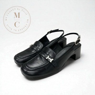 エルメス HERMES アンフィニ パンプス 靴 シューズ レザー ブラック 黒 シルバー H金具 スリングバック