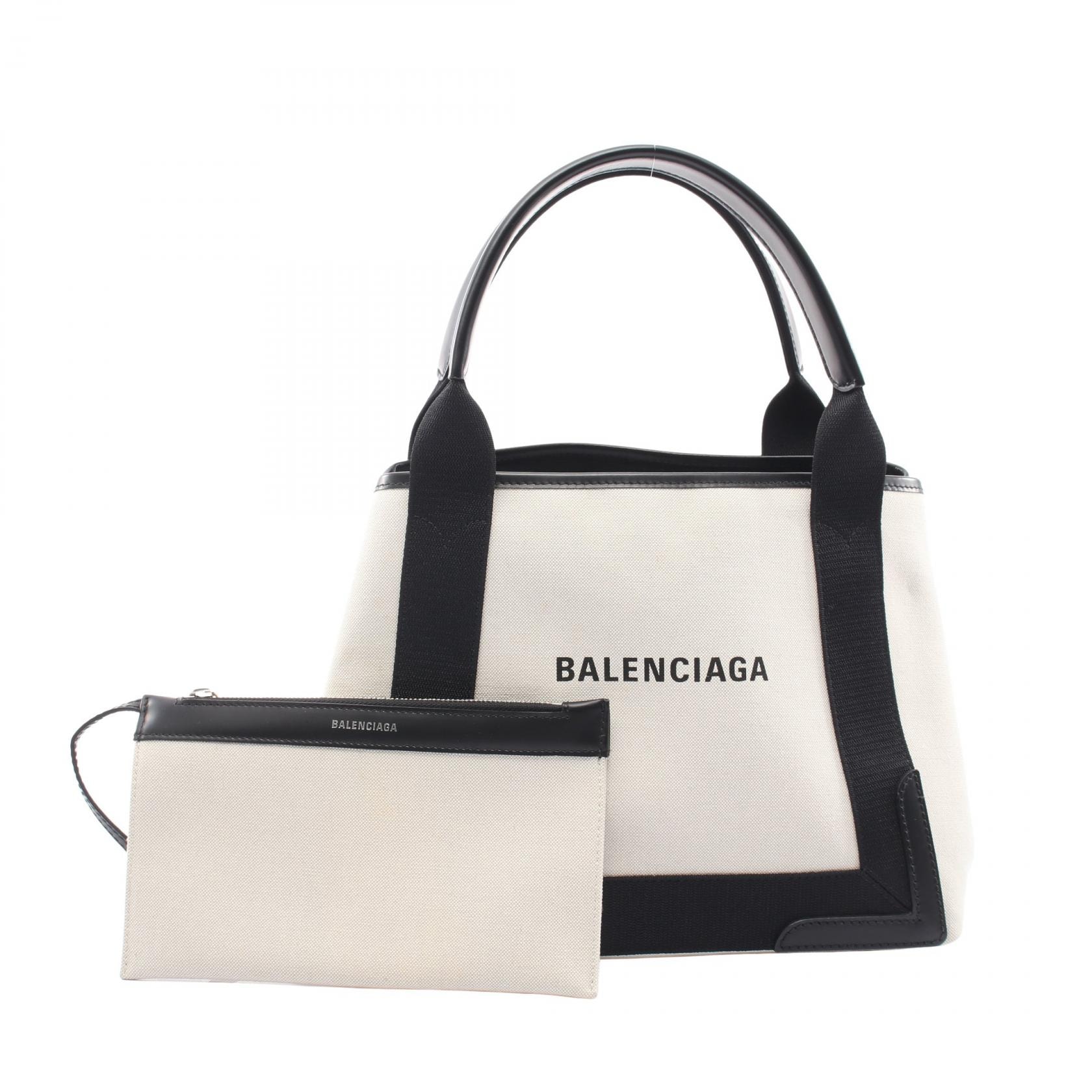 バレンシアガ BALENCIAGA NAVY CABAS S ネイビーカバ トートバッグ バッグ キャンバス レザー レディース アイボリー系 / ブラック系 3399332 【中古】