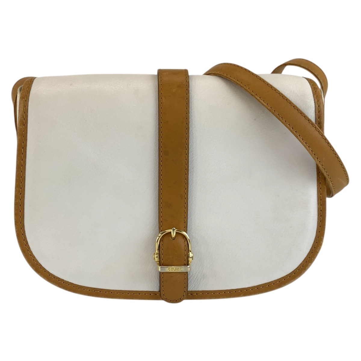 CELINE セリーヌ ヴィンテージ ホワイト ブラウン ゴールド金具 レザー ショルダーバッグ ポシェット 1-0294211 【中古】