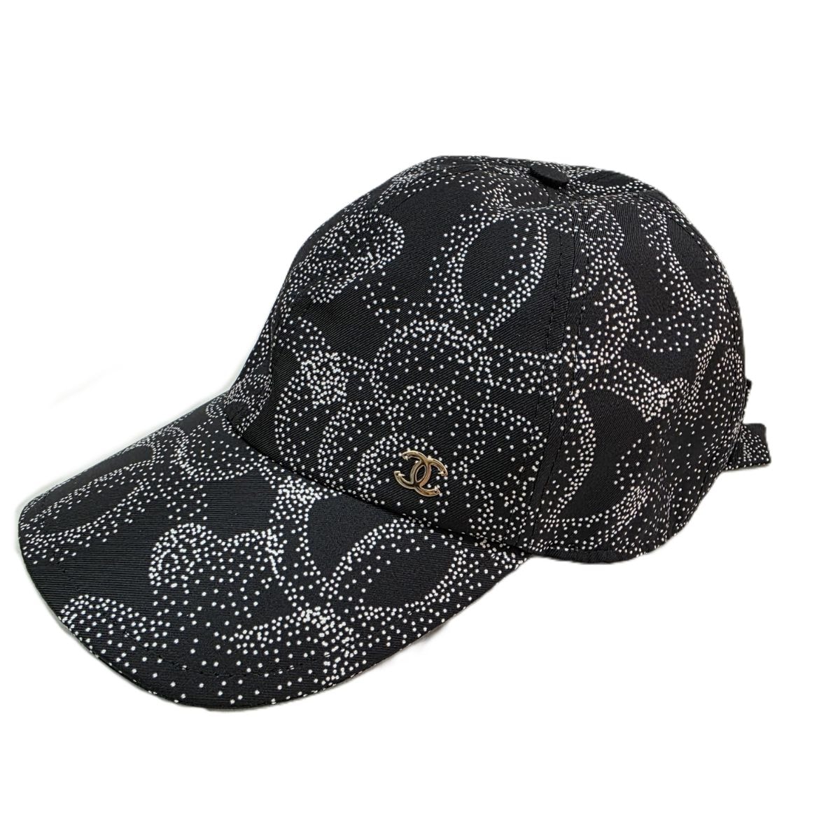 CHANEL シャネル カメリア 総柄 ココマーク リボン 帽子 キャップ シルク ブラック ホワイト  レディース【中古】