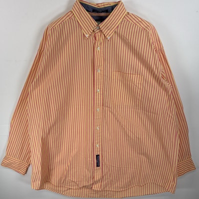 古着 トミーヒルフィガー TOMMY HILFIGER 長袖シャツ ボタンダウンシャツ 胸ポケ アームホール広め 17 1/2 XL-2XL イエロー系 ストライプ メンズ
