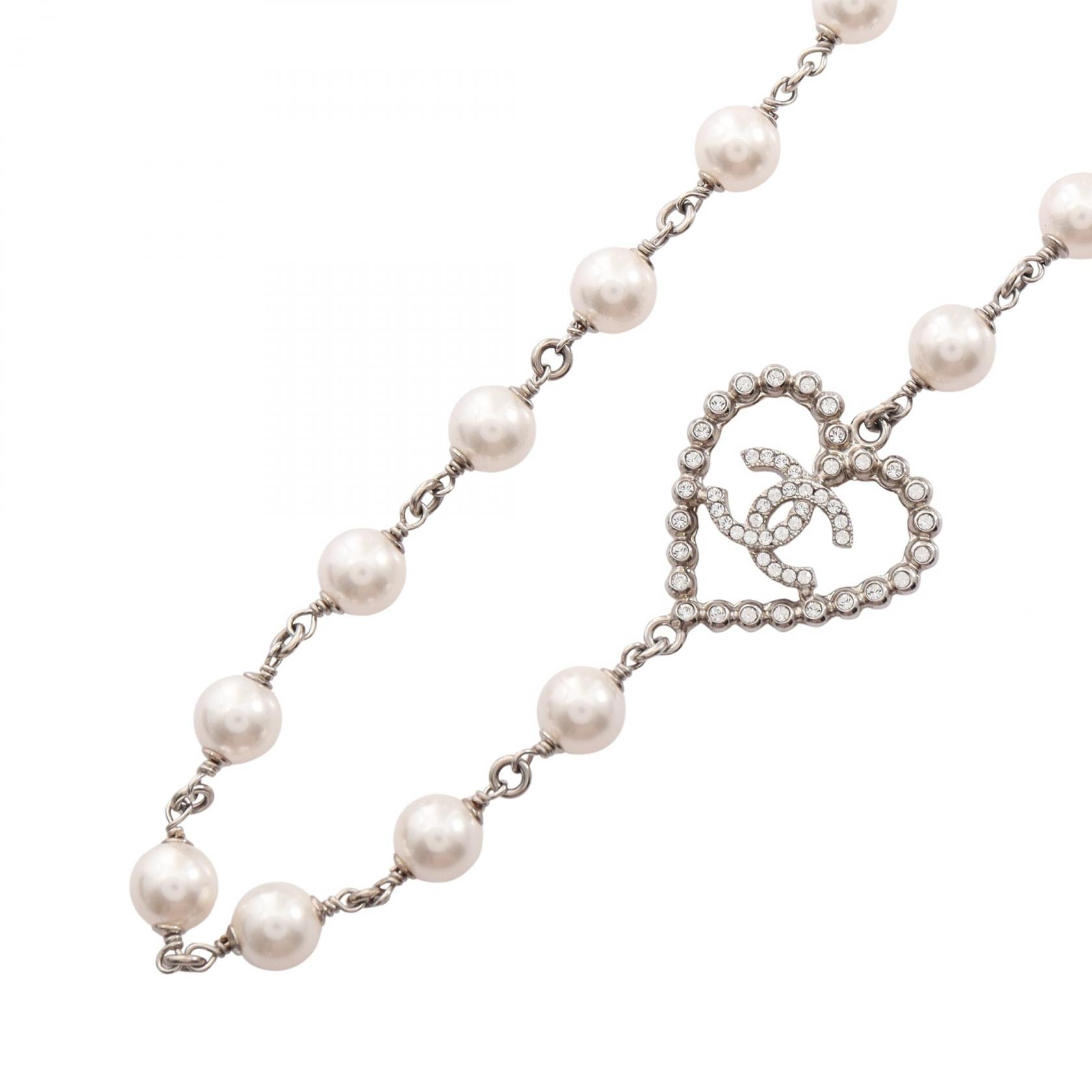 シャネル CHANEL ココマーク ハート ネックレス ジュエリー メタル / フェイクパール / ラインストーン レディース シルバー系 / ホワイト系 / クリア系 【中古】