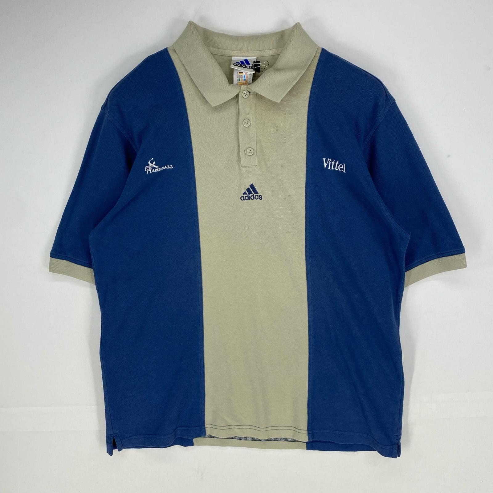 古着 90's/90年代 アディダス adidas 鹿の子 半袖シャツ 刺繍ロゴ ワンポイント ポロシャツ XL  ベージュ系 ツートン メンズ
