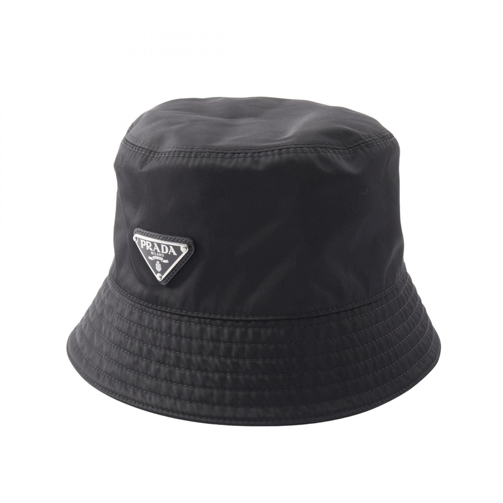 プラダ PRADA トライアングルロゴ バケット ハット 帽子 ナイロン レディース ブラック系 【中古】