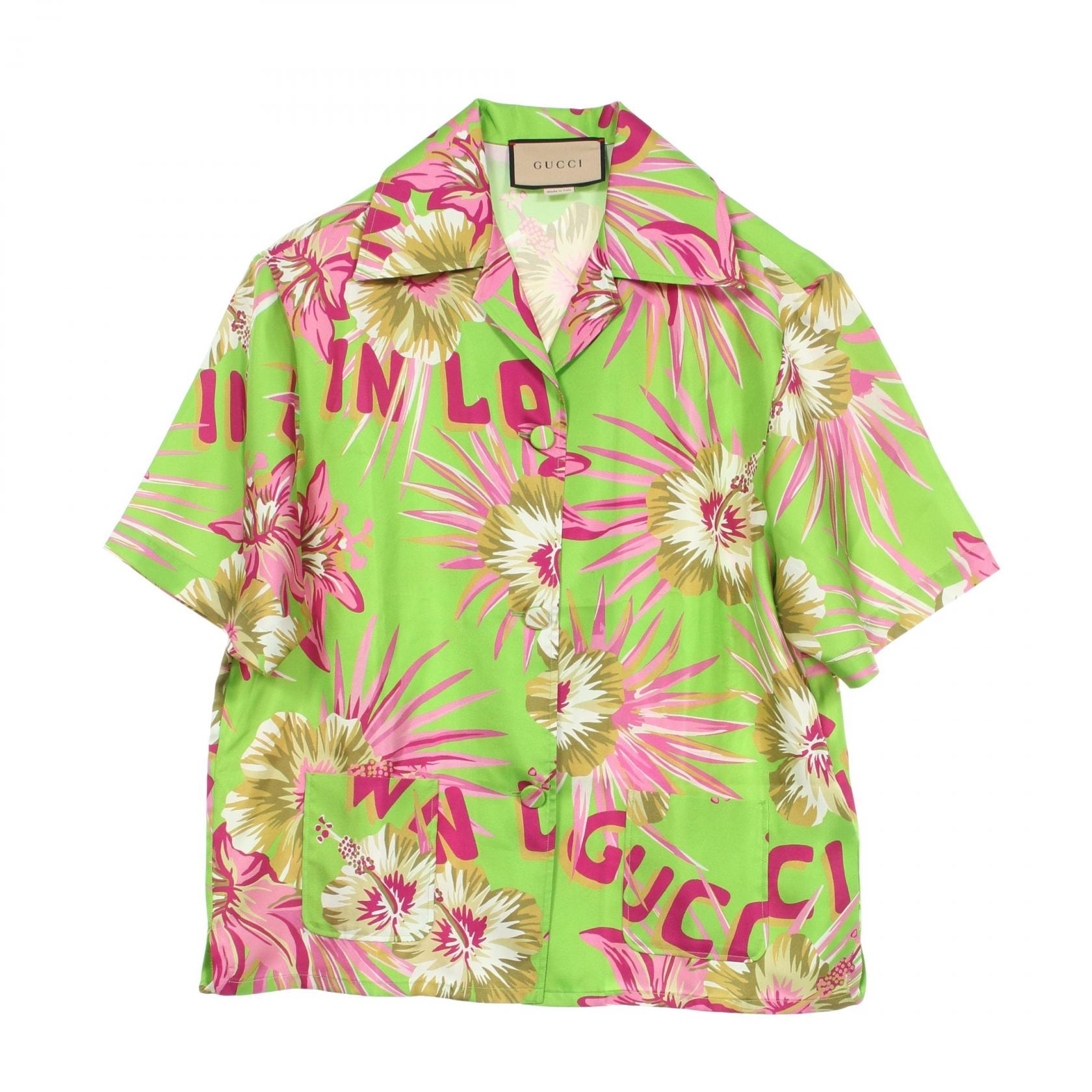 グッチ GUCCI フローラルプリント 総柄 半袖 衣料品 トップス シルク レディース グリーン系 / マルチカラー 【中古】