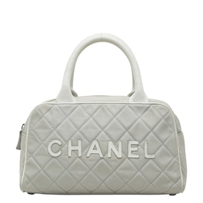 シャネル スパライン マトラッセ ロゴ ボストンバッグ グレー ホワイト キャンバス レザー レディース CHANEL 【中古】