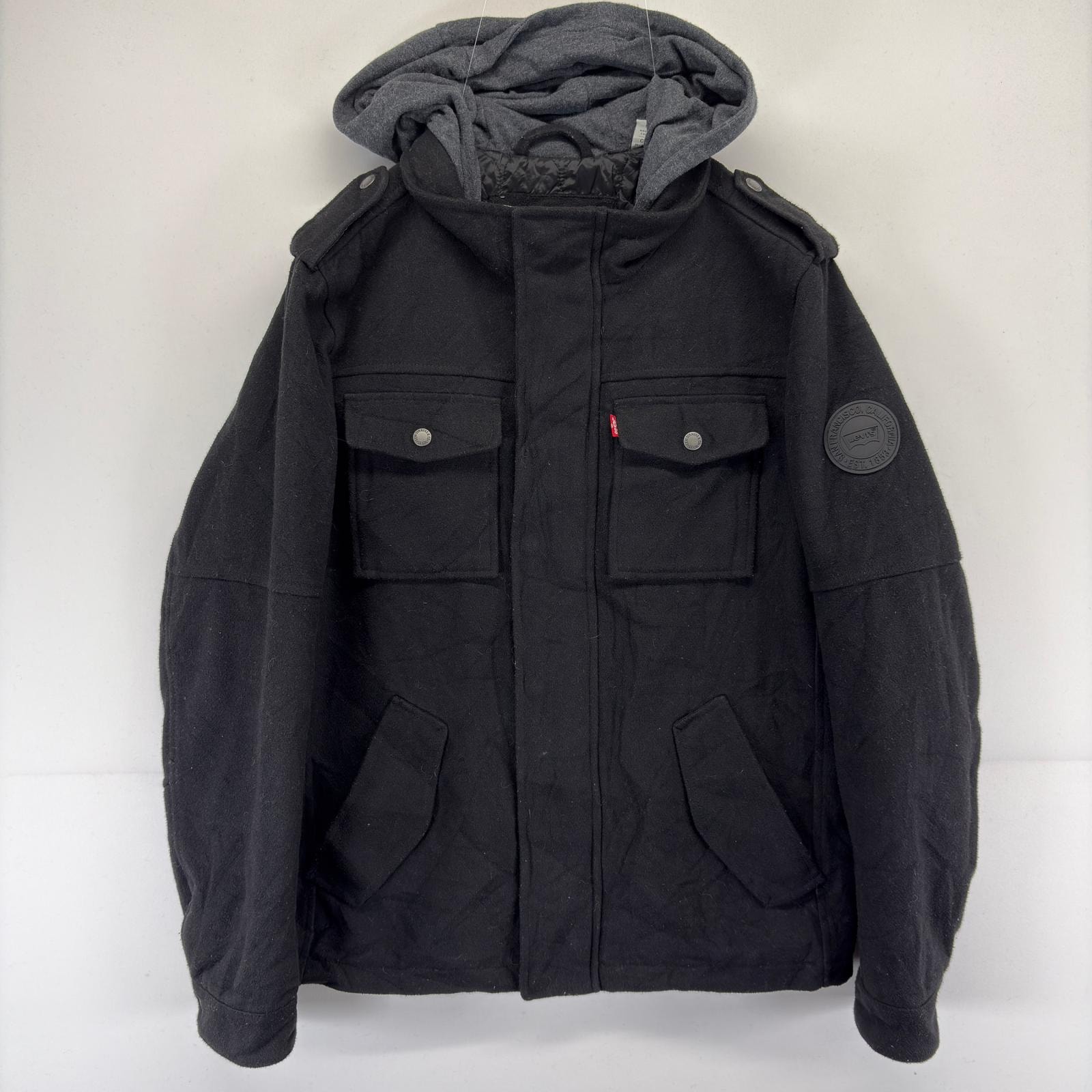 古着 リーバイス Levi's パーカー 中綿 レイヤード フルジップ ロゴ ウール パーカー S  ブラック メンズ